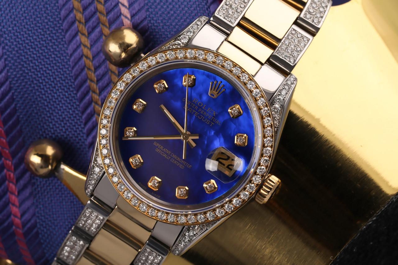 Rolex Montre Datejust 68273 à cadran bicolore en or 18 carats + perles bleues SS et diamants en vente 1