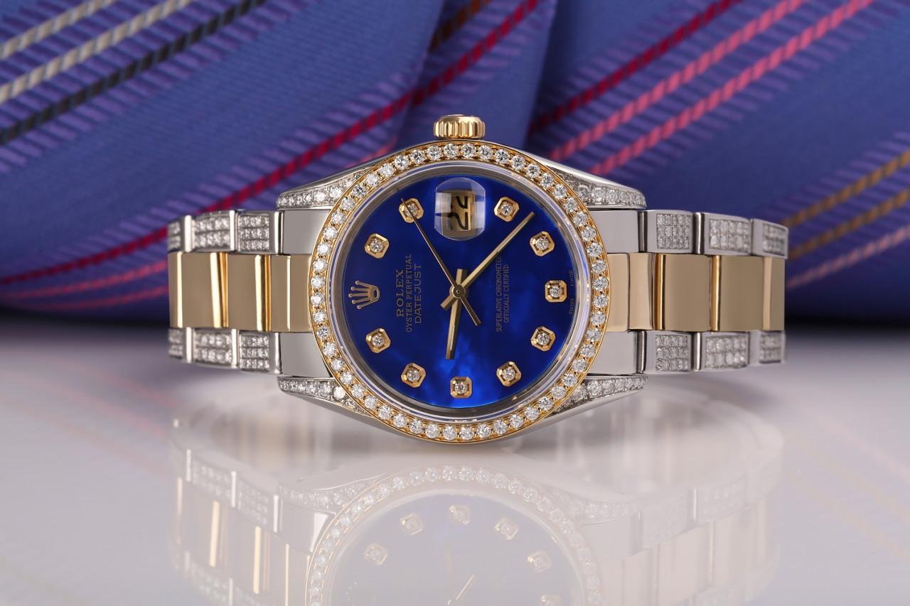Rolex Montre Datejust 68273 à cadran bicolore en or 18 carats + perles bleues SS et diamants en vente 2