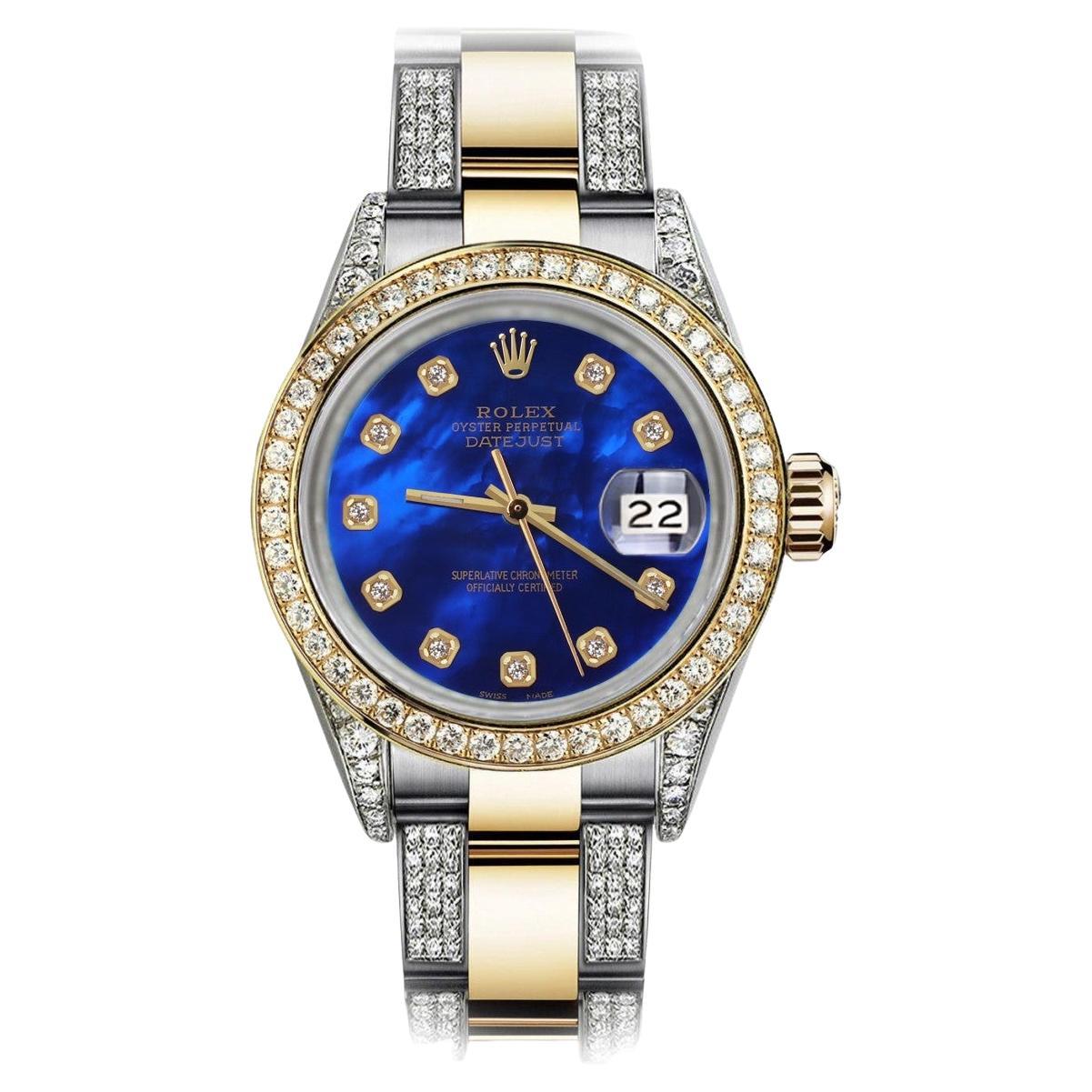 Rolex Montre Datejust 68273 à cadran bicolore en or 18 carats + perles bleues SS et diamants en vente