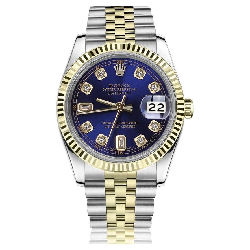 Rolex Montre Datejust à cadran bicolore bleu avec diamants baguettes 68273 en vente