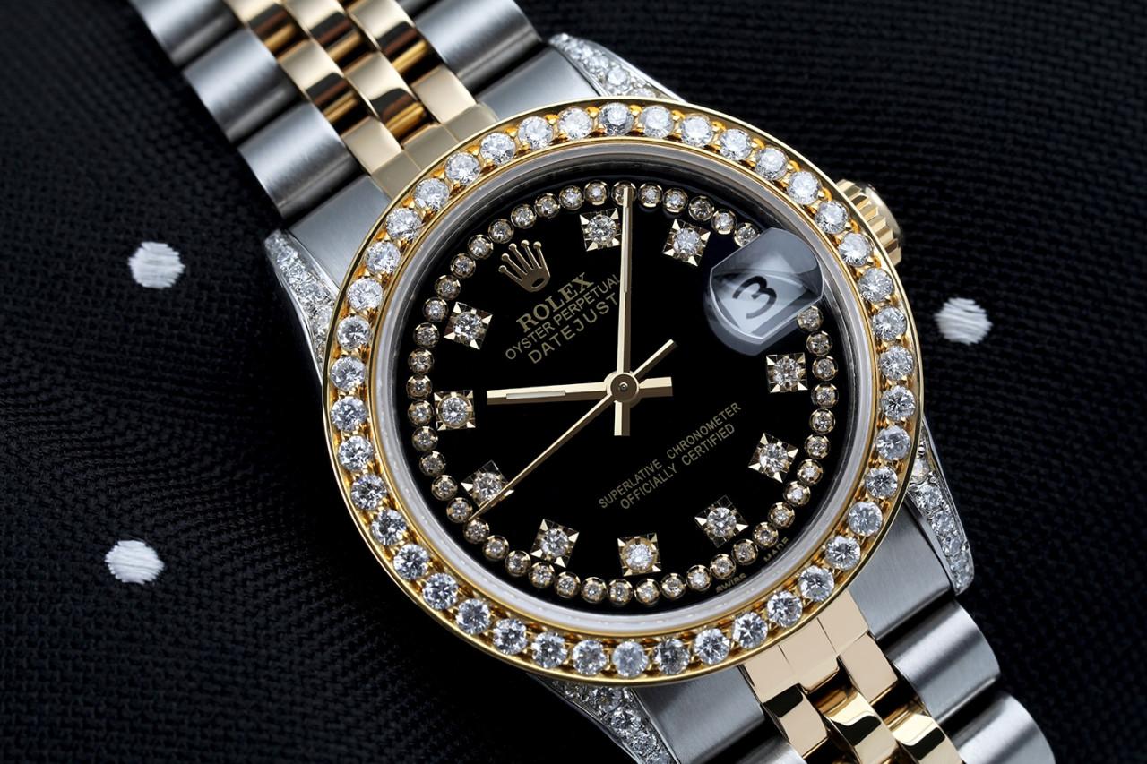 Frauen Rolex 31mm Datejust zwei Ton Diamant Lünette & Lugs schwarz Farbe String Akzent Zifferblatt 68273

Diese Uhr ist in neuwertigem Zustand. Es wurde poliert, gewartet und hat keine sichtbaren Kratzer oder Flecken. Alle unsere Uhren werden mit