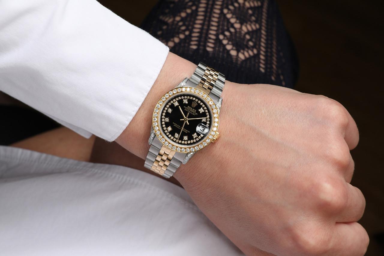 Rolex Datejust Two Tone Diamond Bezel & Lugs Black Color String Accent Dial In Excellent Condition For Sale In New York, NY