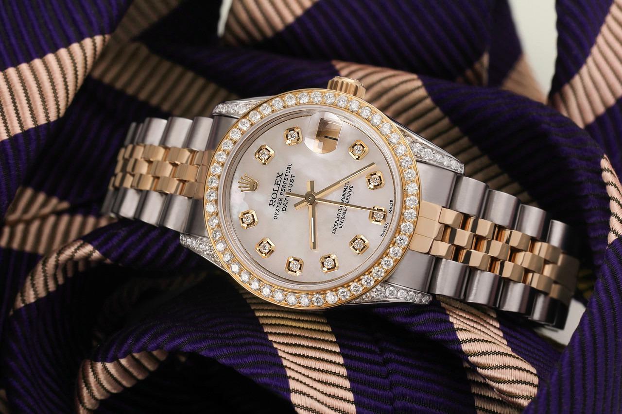 Women's Rolex 31mm Datejust Two Tone Diamond Bezel & Lugs White MOP Mother Of Pearl Dial with Accent 68273
