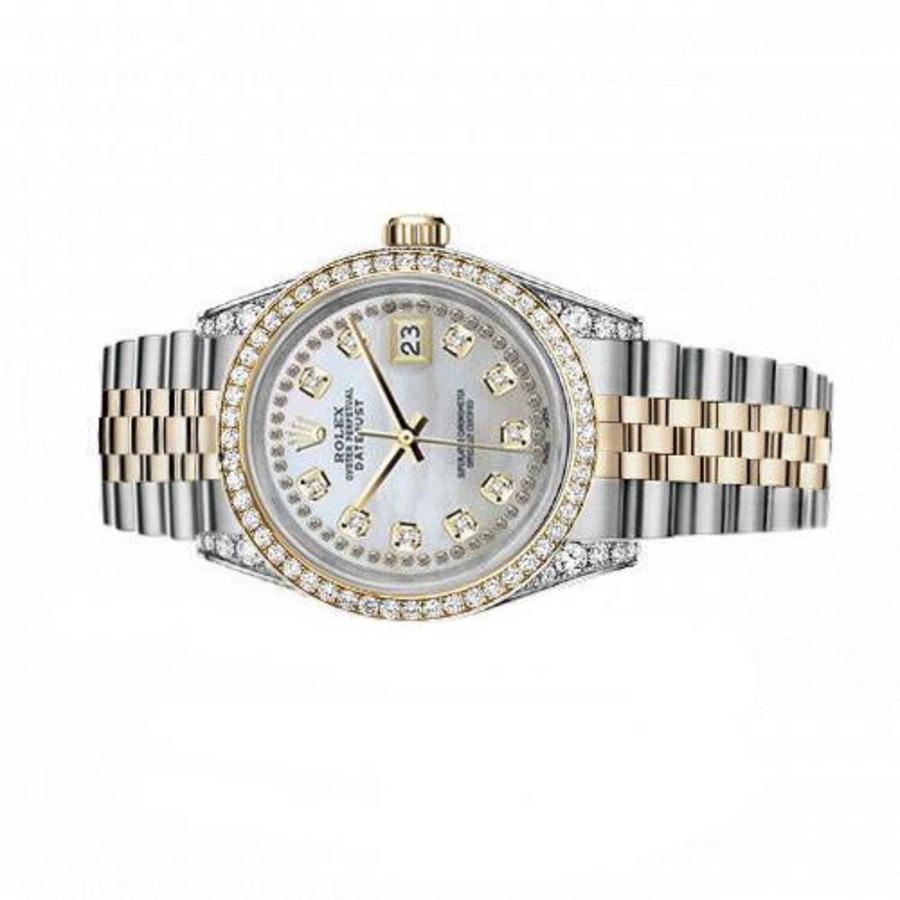Women's Rolex 31mm Datejust Two Tone Diamond Bezel & Lugs White MOP Mother of Pearl String Dial 68273
 