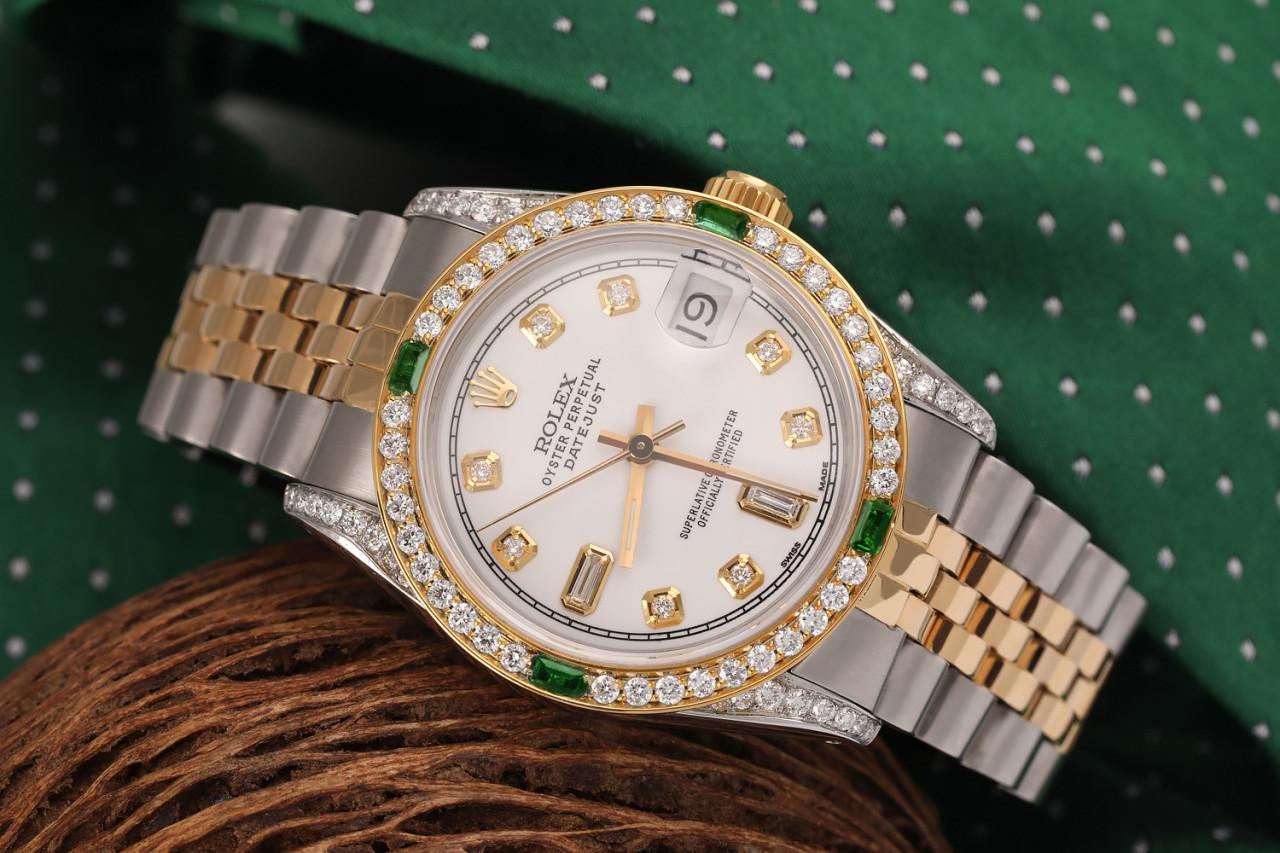 Round Cut Rolex 31mm Datejust Two Tone Jubilee White Color Dial Baguette Diamond Watch For Sale