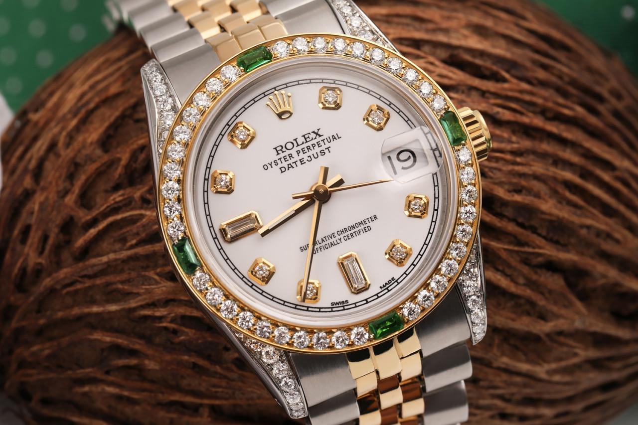 Rolex 31mm Datejust Two Tone Jubilee White Color Dial Baguette Diamond Watch In Excellent Condition For Sale In New York, NY