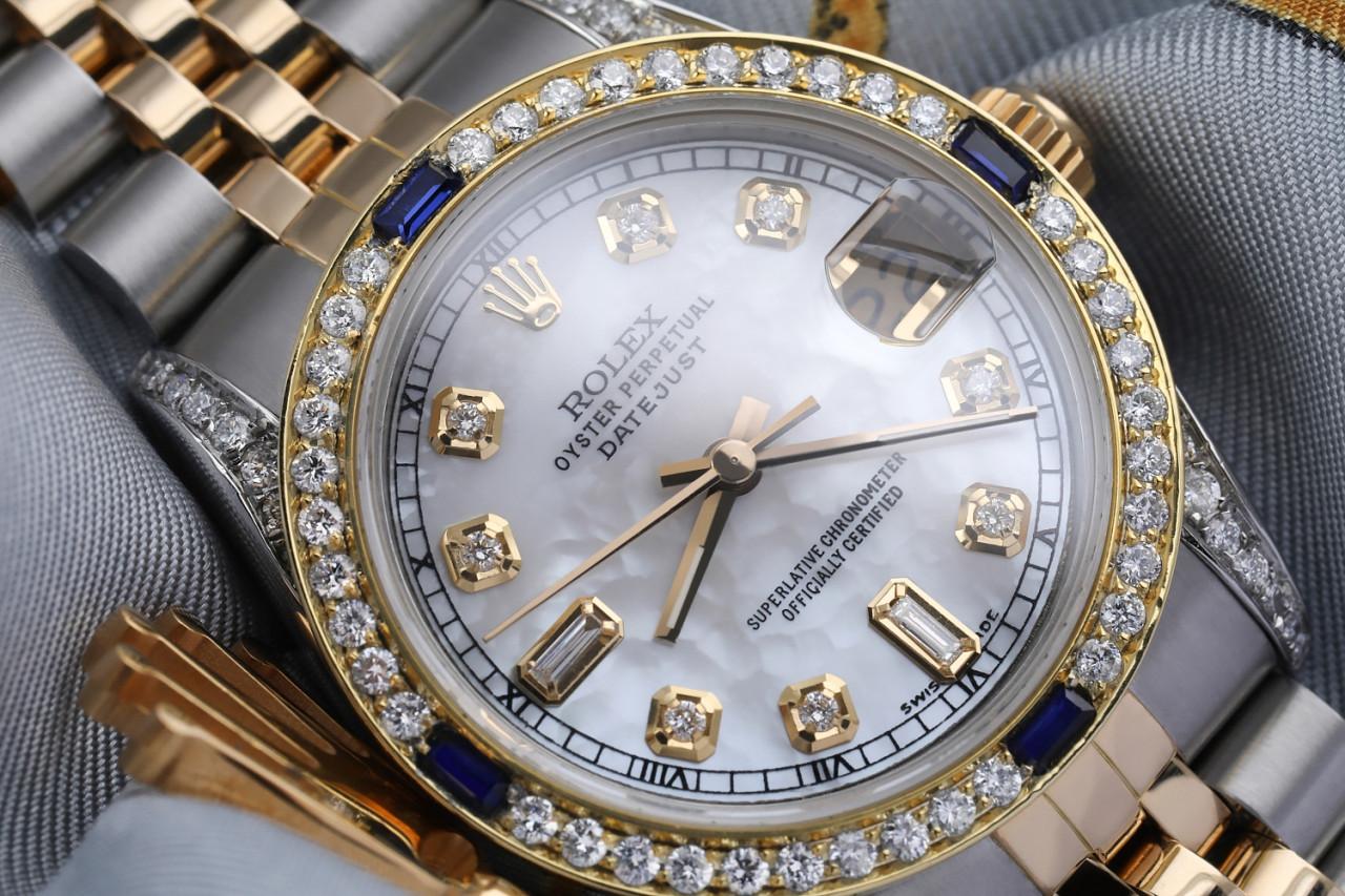 Round Cut Rolex Datejust 68273 Two Tone Jubilee White MOP Dial Diamond Accent Bezel & Lugs For Sale