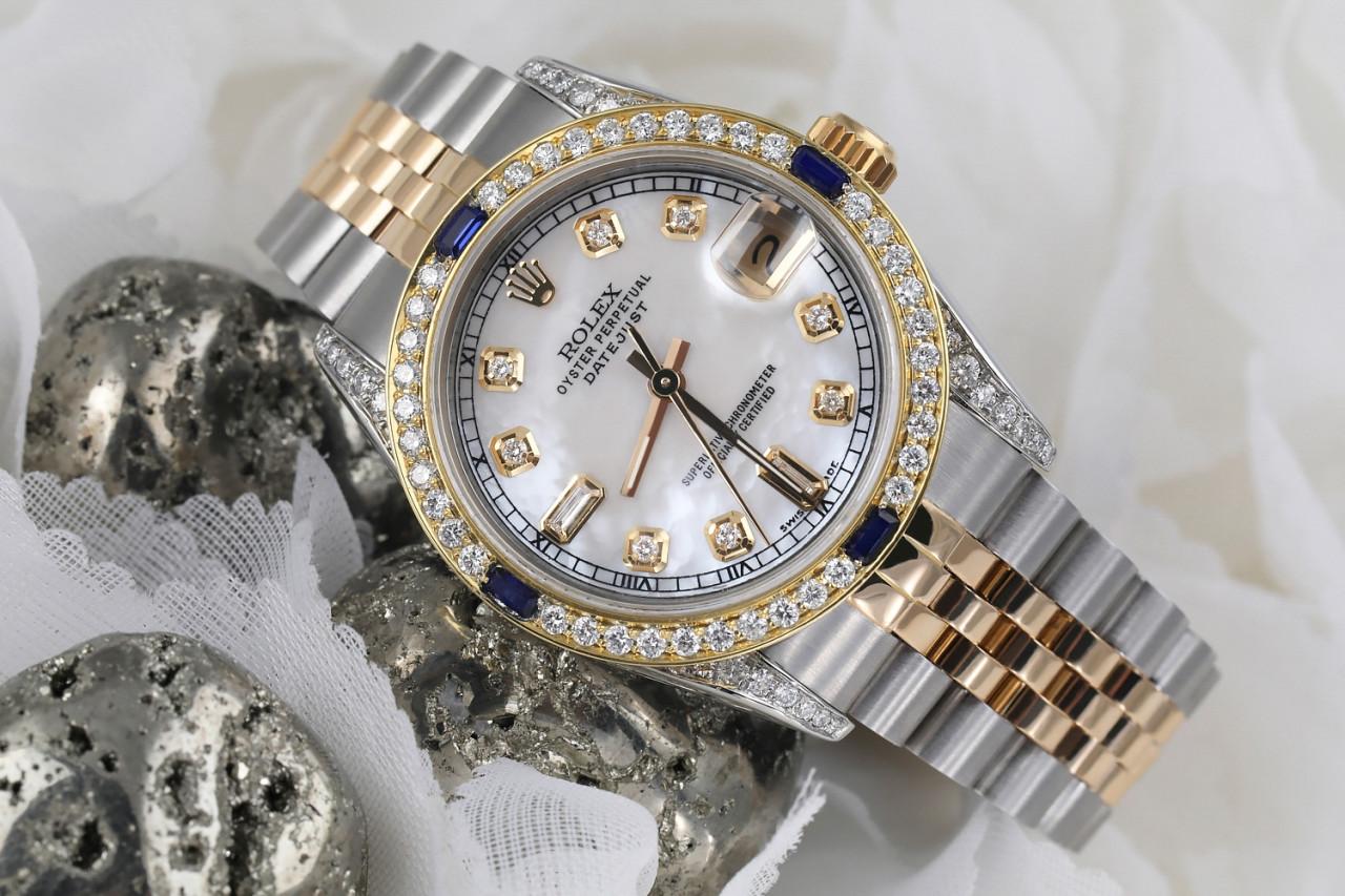 Rolex Montre Datejust 68273 bicolore Jubilee avec cadran MOP blanc et lunette ornée de diamants en vente 3