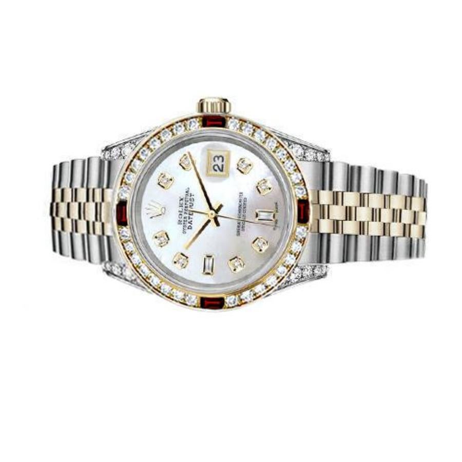 Women's Rolex 31mm Datejust Two Tone Jubilee White MOP Mother Of Pearl 8 + 2 Diamond Accent Bezel + Lugs + Rubies 69173
