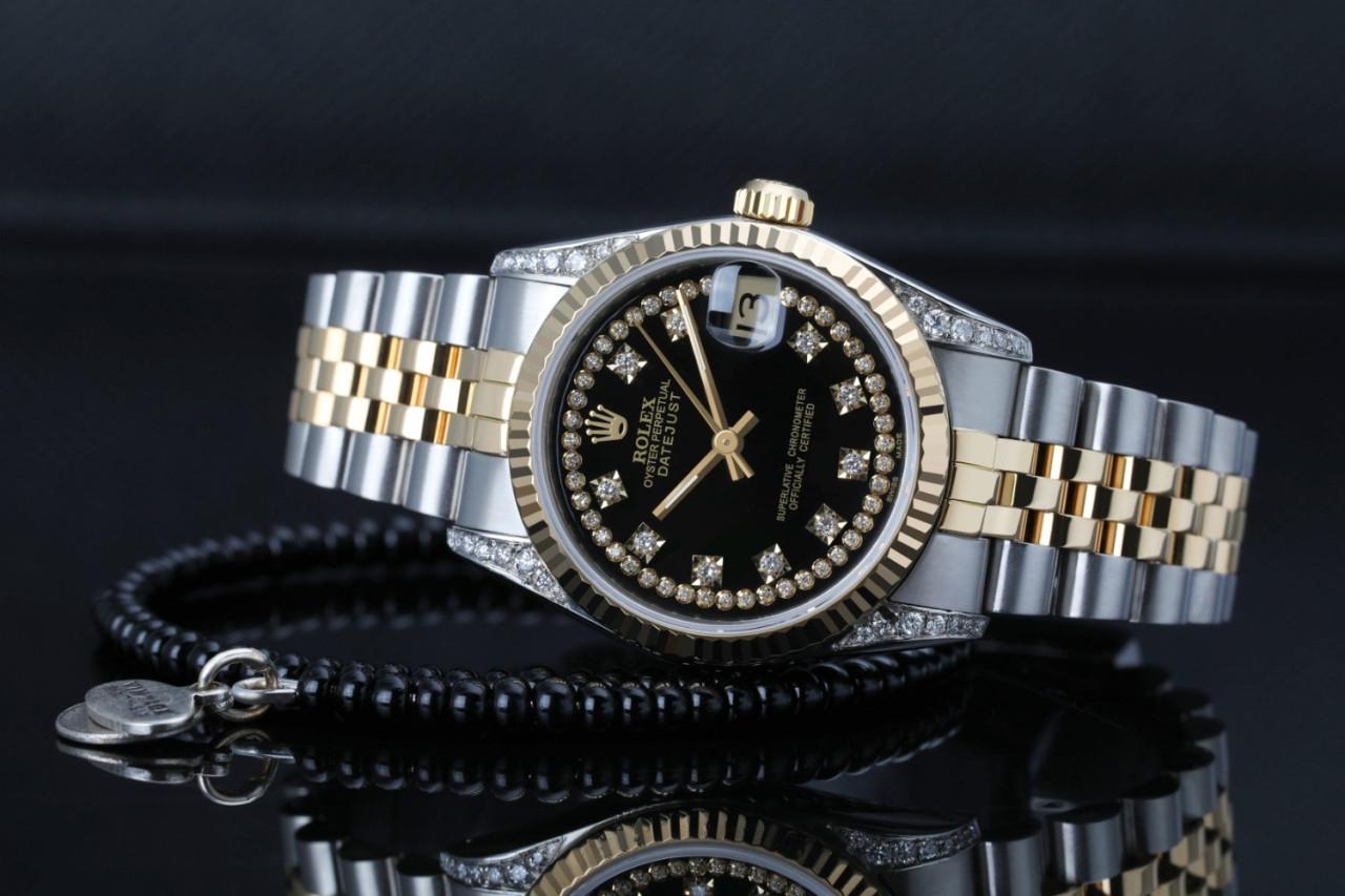 Rolex Datejust Two Tone Vintage Fluted Bezel with Lugs Glossy Black Dial 68273 In Excellent Condition For Sale In New York, NY