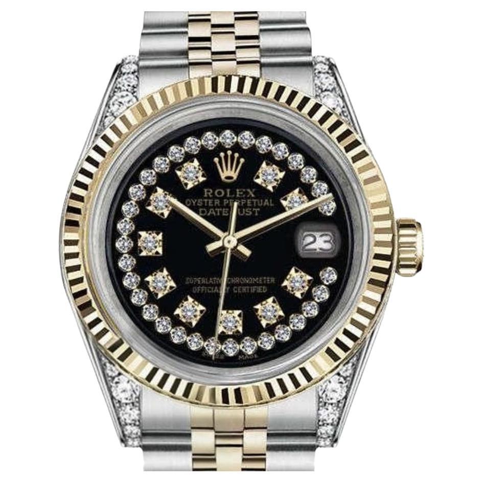 Rolex Datejust Two Tone Vintage Fluted Bezel with Lugs Glossy Black Dial 68273 For Sale