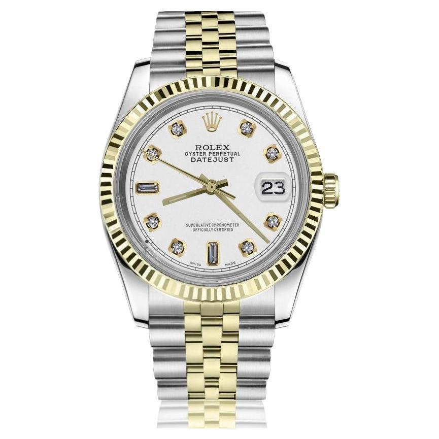 Rolex 31mm Datejust Two Tone White Color Dial with Baguette Diamond Accent 68273 For Sale