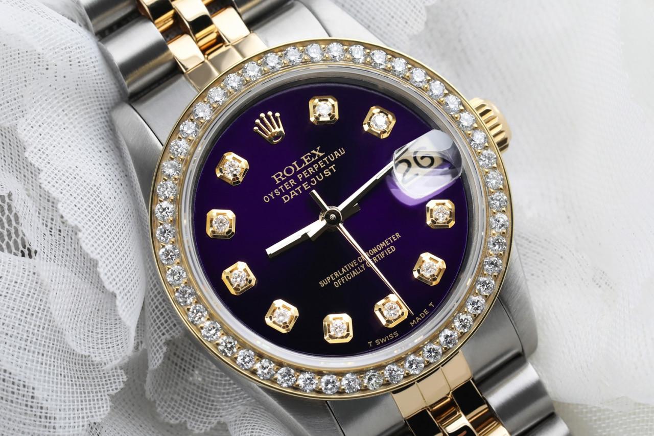 Rolex Datejust Vintage Diamant-Lünette zweifarbiges lilafarbenes Zifferblatt 68273 Damen im Angebot