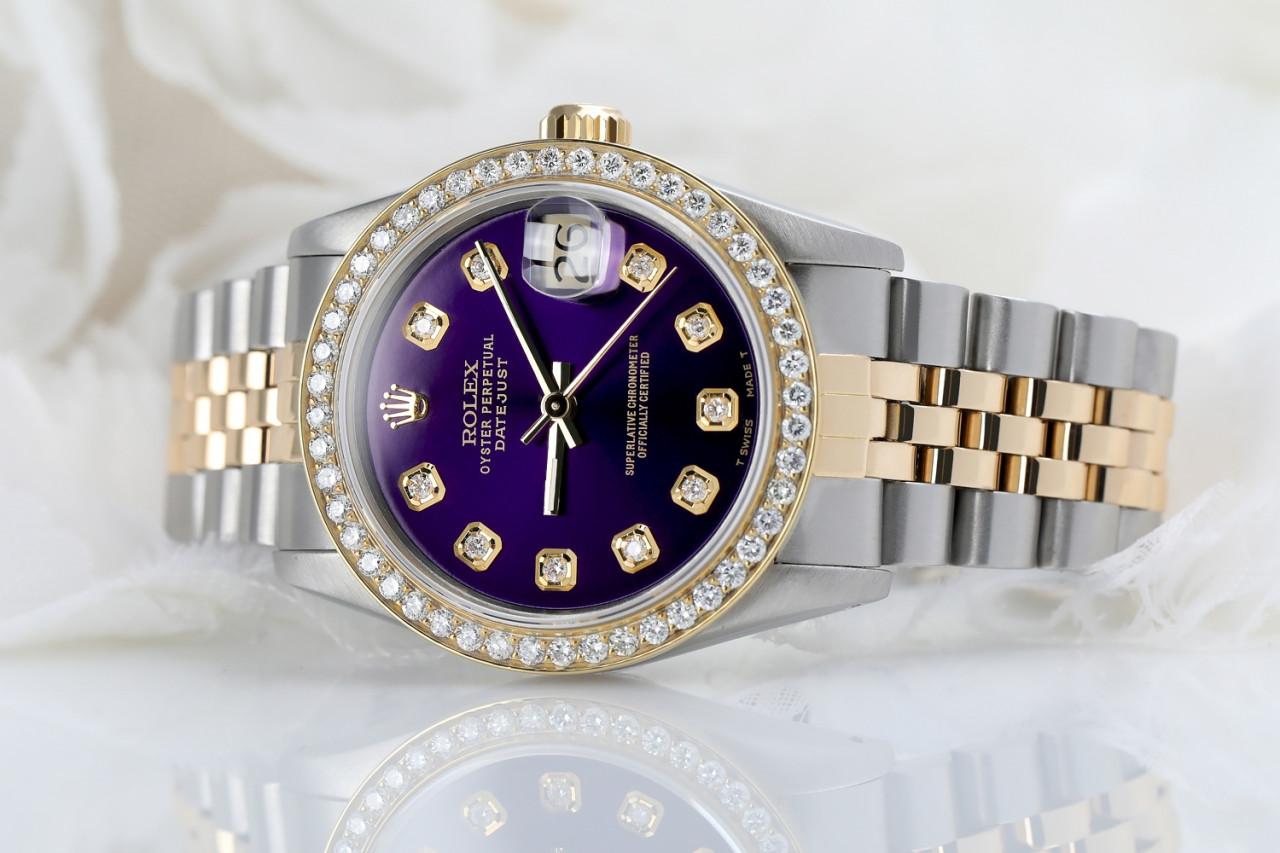 Rolex Datejust Vintage Diamond Bezel Two Tone Purple Color Dial 68273 In Excellent Condition For Sale In New York, NY