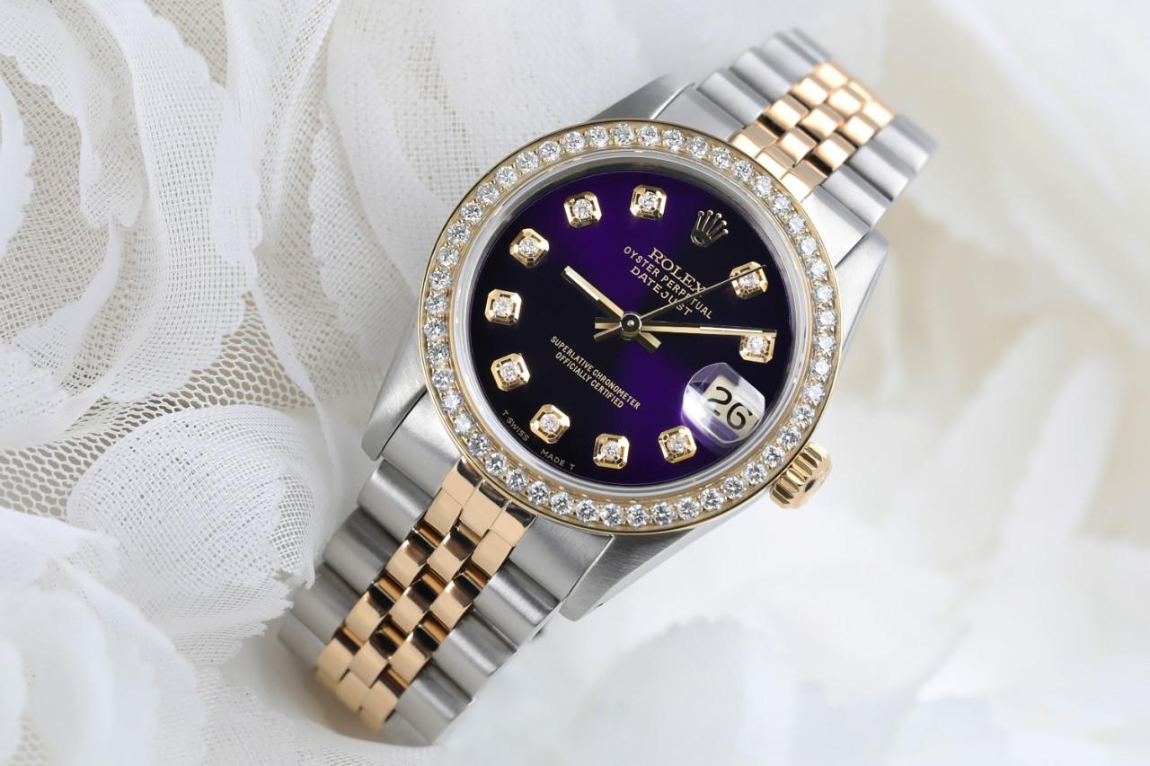 Women's Rolex Datejust Vintage Diamond Bezel Two Tone Purple Color Dial 68273 For Sale