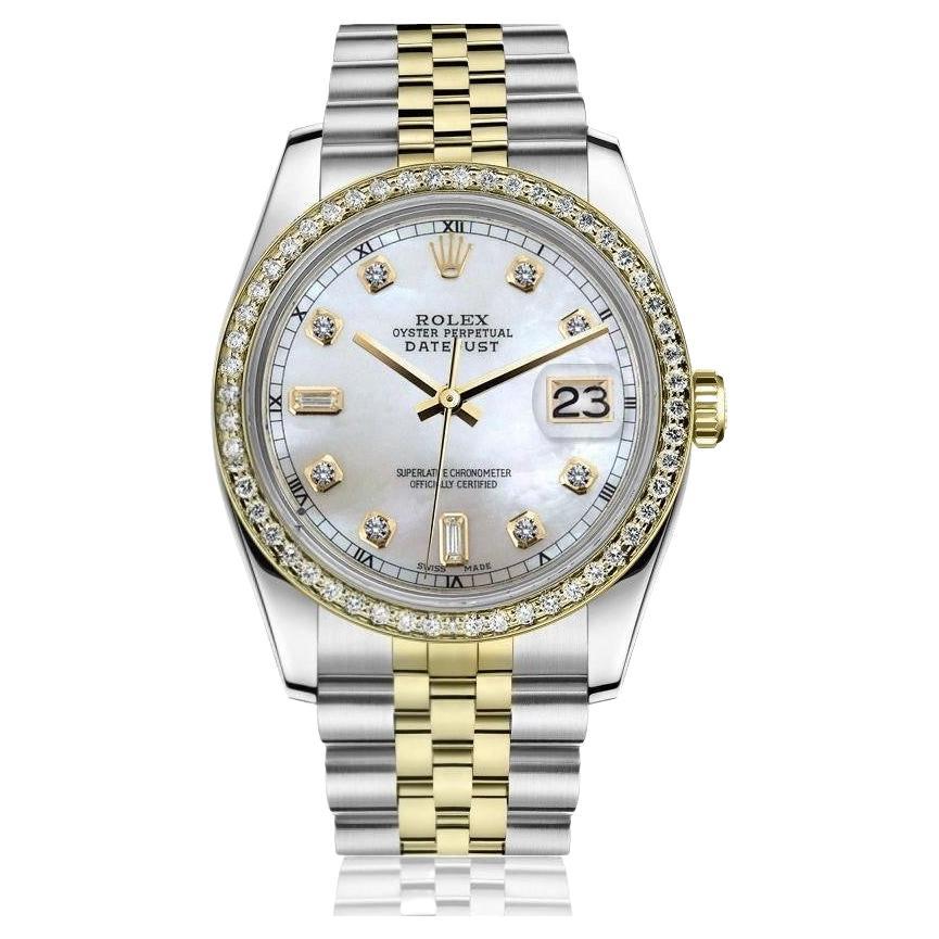 Rolex Montre Datejust vintage avec lunette en diamants bicolores et cadran en diamants blancs MOP 68273 en vente