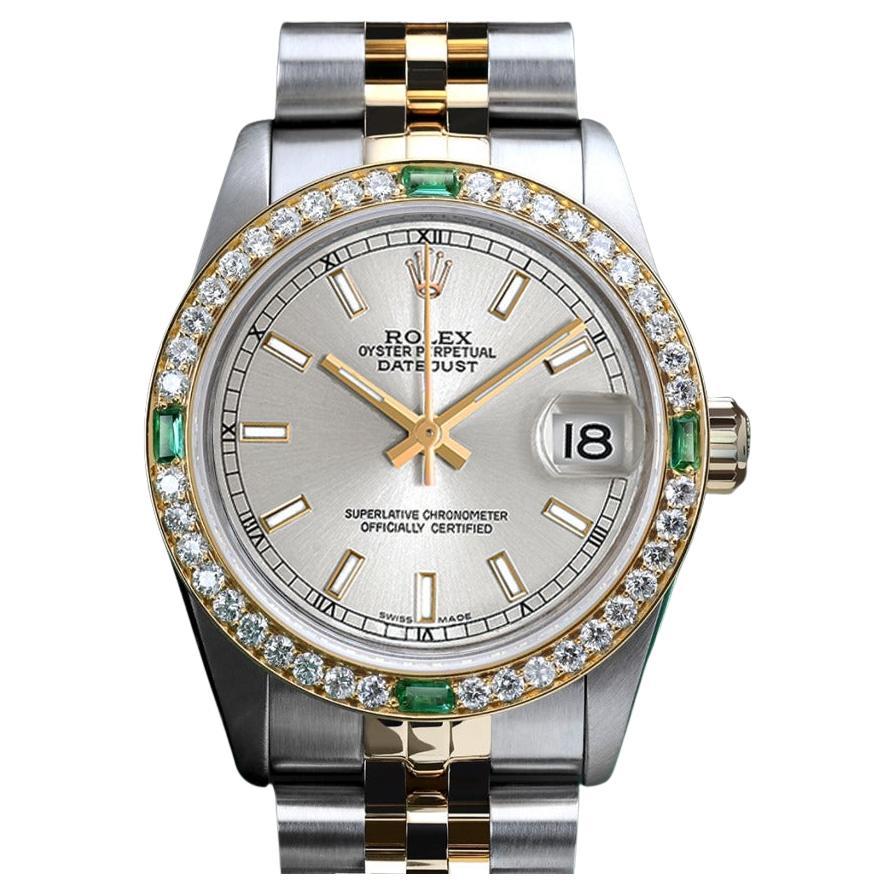 Rolex Datejust 68273 Vintage Diamond Bezel with Emeralds Silver Index Dial Watch For Sale