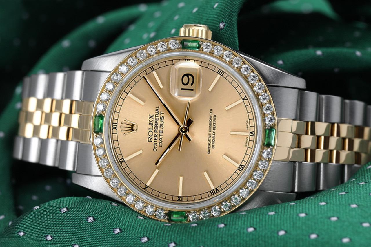 Women's Rolex 31mm Datejust Vintage Diamond Bezel with Emeralds Two Tone Champagne Dial 68273

