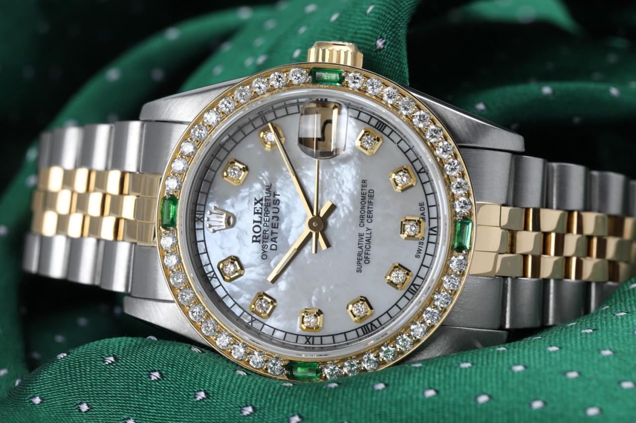 Women's Rolex 31mm Datejust Vintage Diamond Bezel with Emeralds Two Tone White MOP Dial with Diamond Accent 68274
