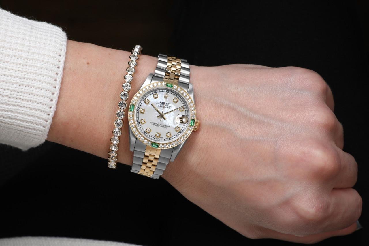 Women's Rolex Datejust Vintage Diamond Bezel with Emeralds Two Tone White MOP Dial  For Sale
