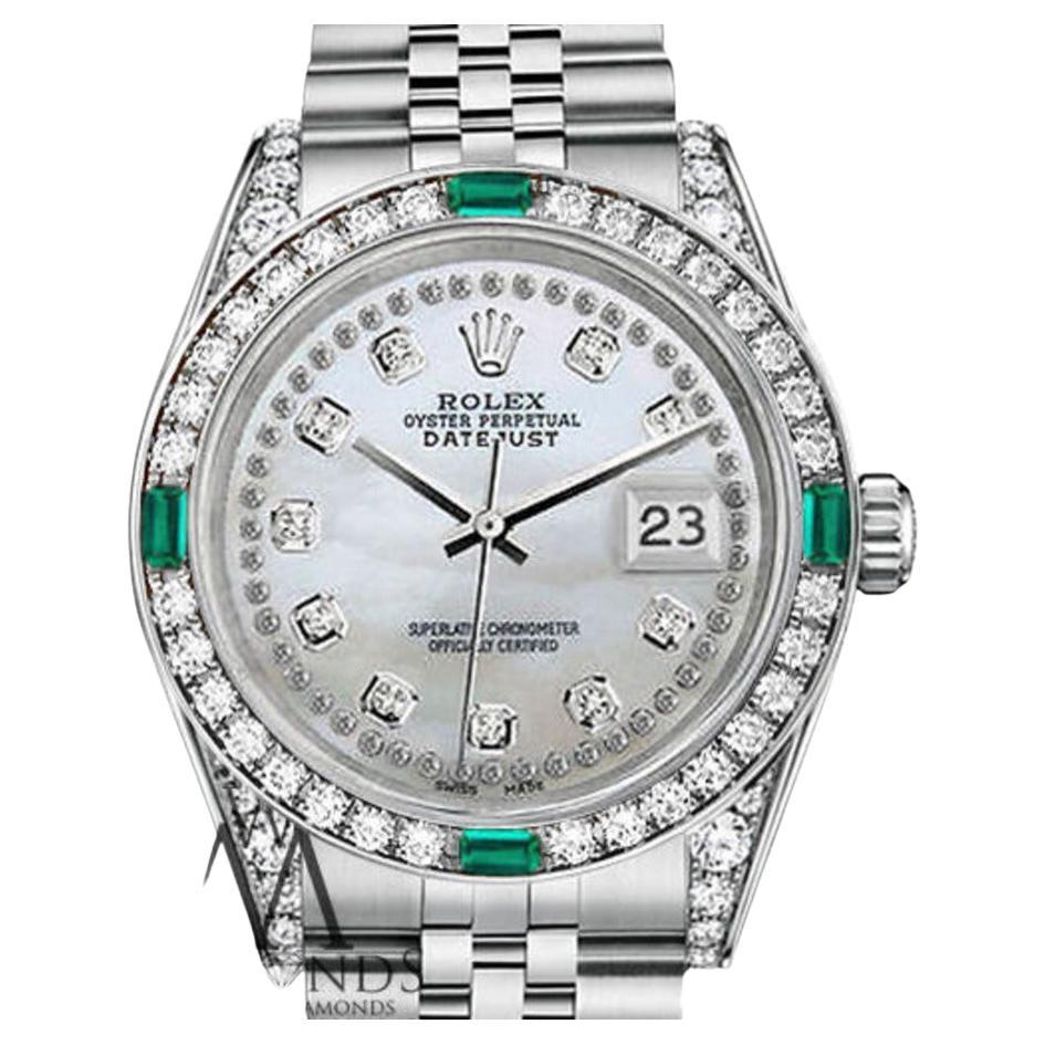 Rolex Montre Datejust 31 mm avec cadran blanc à cordon en diamants et lunette en émeraude et diamants en vente