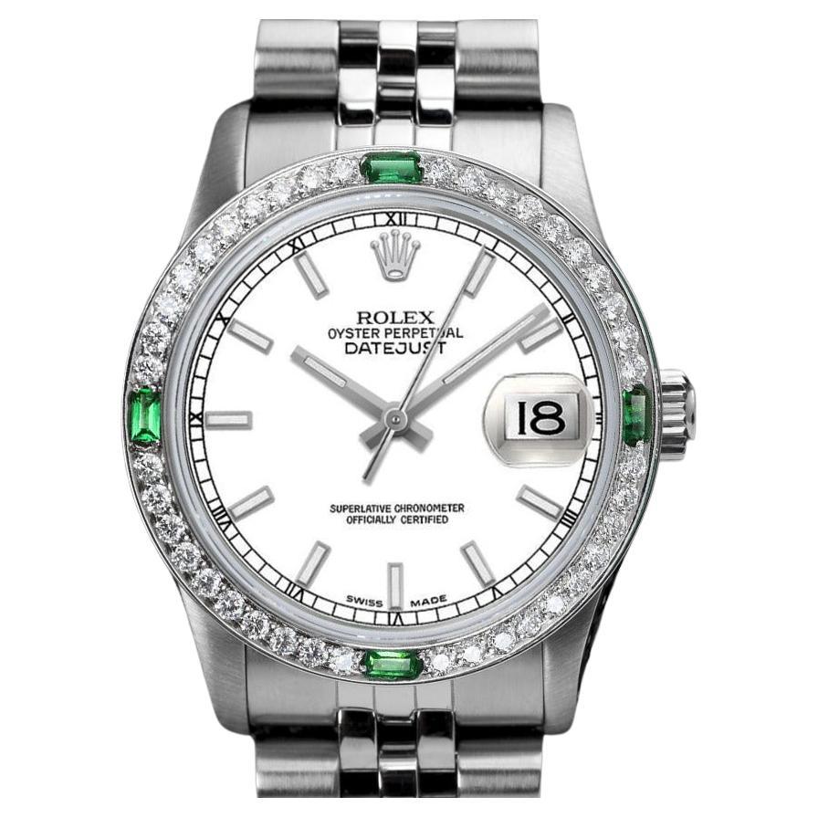 Rolex 31mm Datejust White Stick Dial with Diamonds & Emeralds Bezel SS Watch For Sale