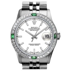 Rolex 31mm Datejust Weißes Stick-Zifferblatt mit Diamanten und Smaragden-Lünette SS Uhr