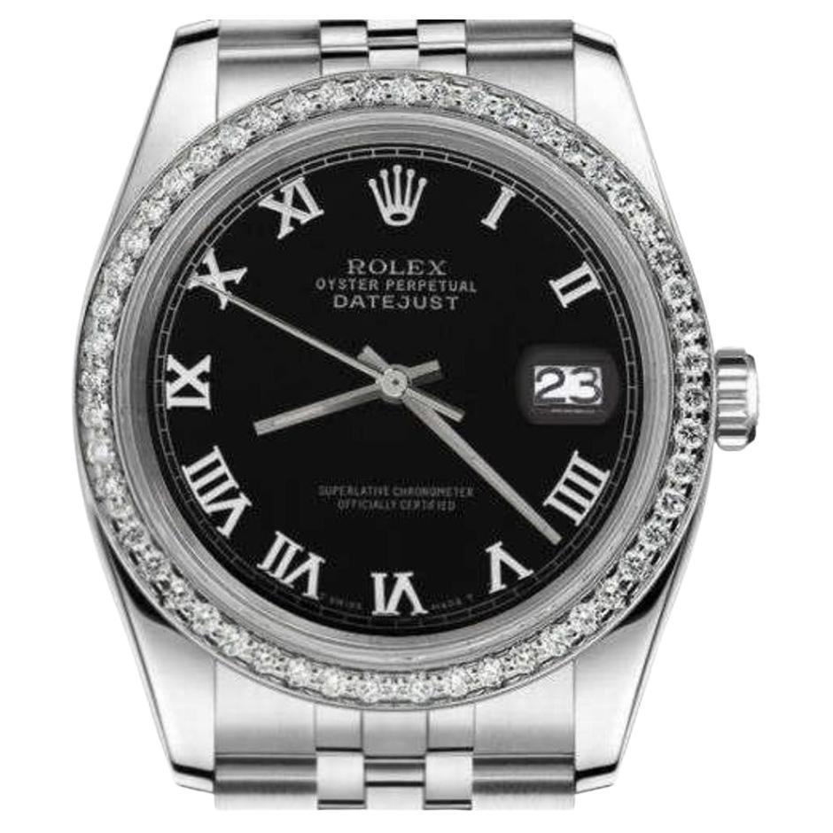 Rolex 31mm Datejust With custom Diamond bezel Black Color Roman Numeral Dial For Sale