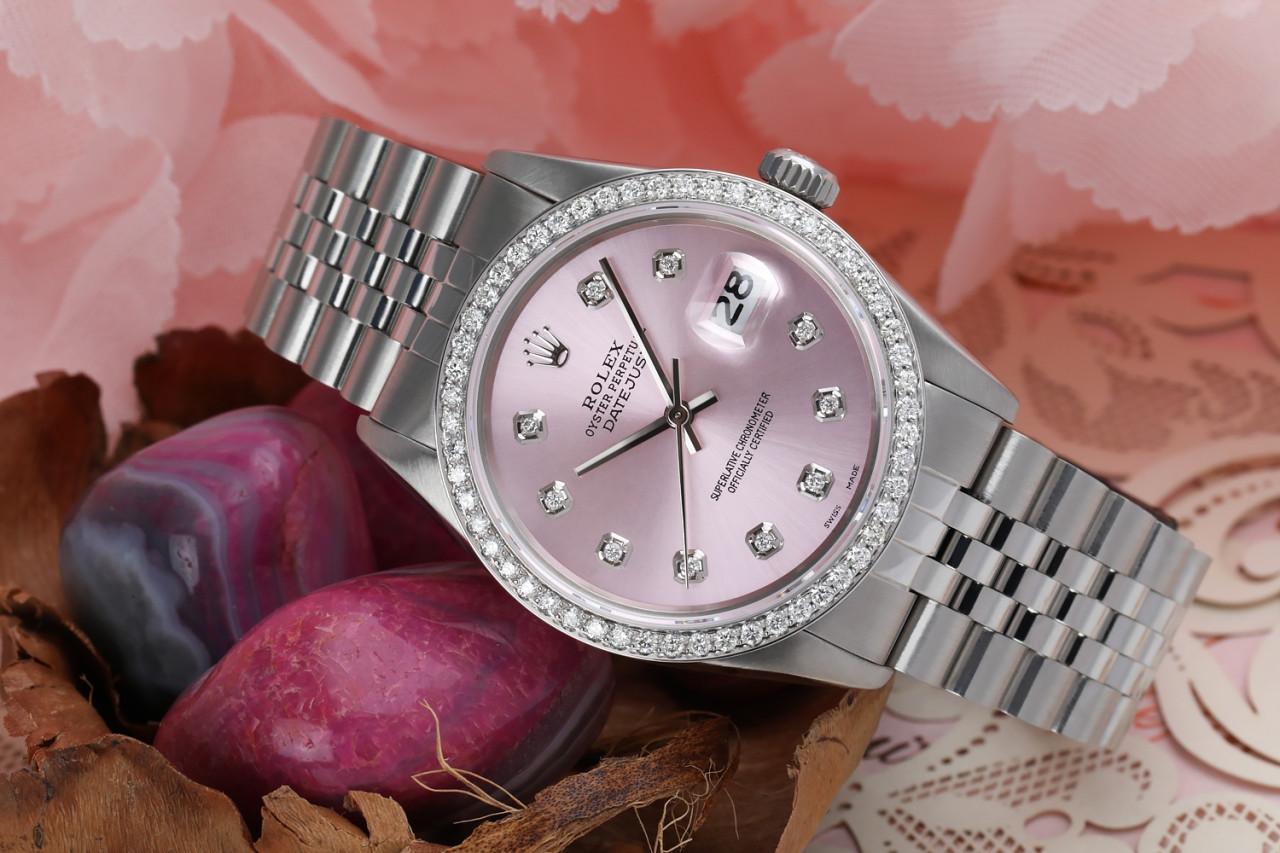 Rolex 31mm Datejust With custom Diamond bezel SS Metallic Pink Diamond Dial Deployment buckle 68274

