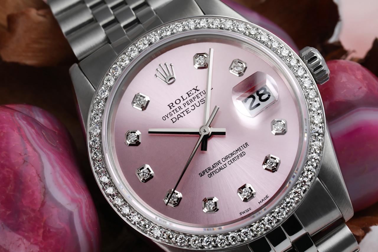 Taille ronde Rolex Montre Datejust 31 mm avec lunette en diamants métalliques roses SS et cadran personnalisé en vente