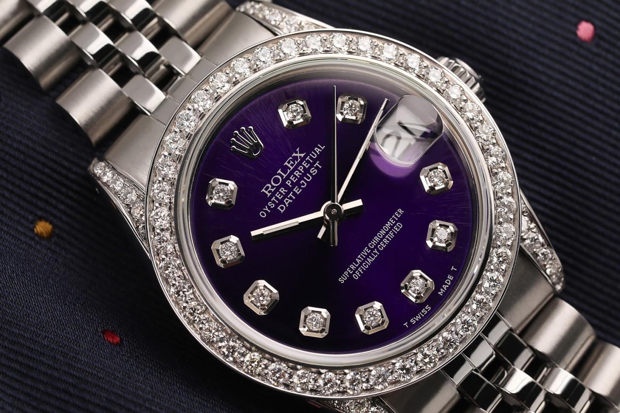 Taille ronde Rolex Montre Datejust 68274 avec lunette en diamants et cadran de couleur violette sur mesure en vente