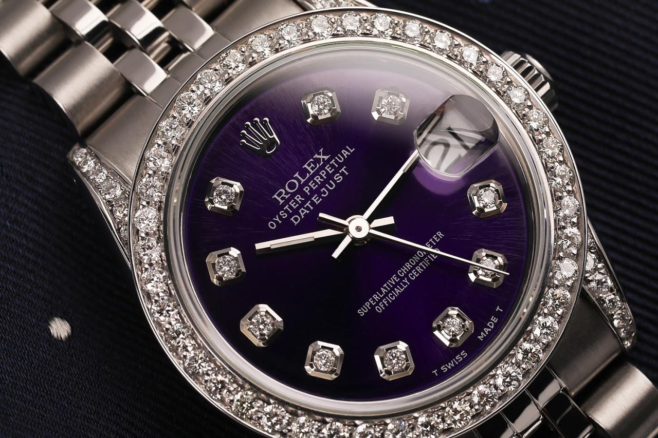 Rolex Montre Datejust 68274 avec lunette en diamants et cadran de couleur violette sur mesure Pour femmes en vente