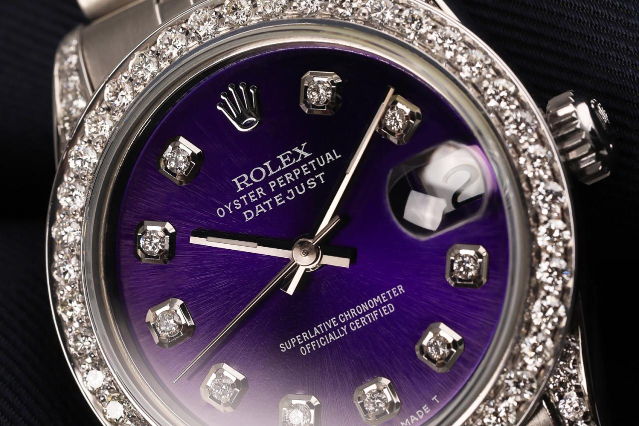 Round Cut Rolex Datejust 68274 with Custom Diamond Bezel Ss Purple Color Dial Bezel Watch For Sale