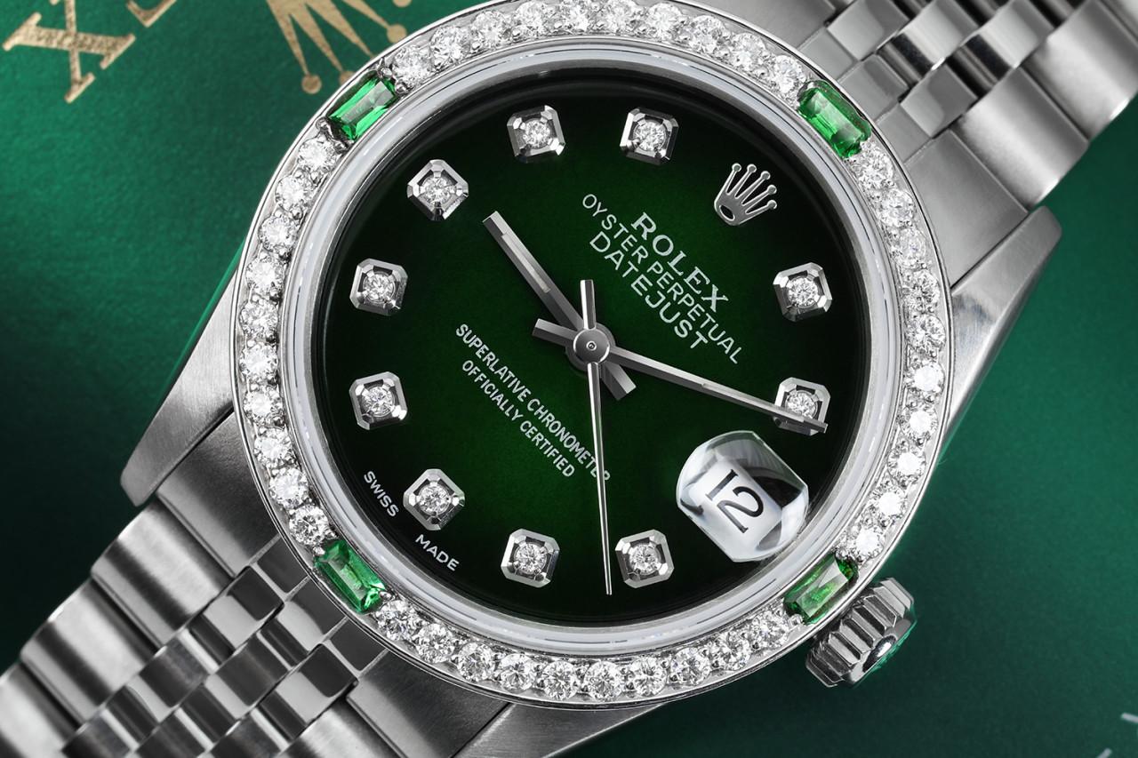 Rolex 31mm Datejust With custom Diamond/Emerald bezel Green Vignette Color Dial Jubilee Band 68274