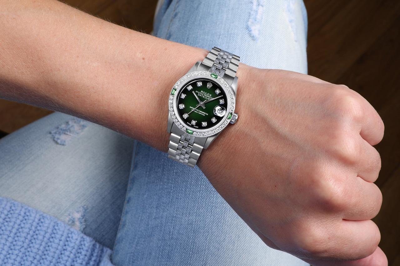 Rolex Datejust with Custom Diamond / Emerald Bezel Green Vignette Color Dial In Excellent Condition For Sale In New York, NY