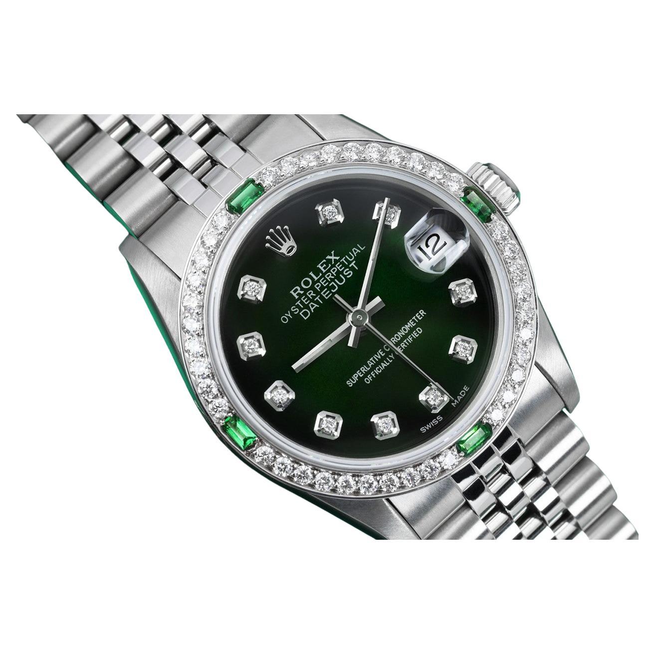Rolex Datejust mit maßgefertigtem Diamant-/Smaragd-Lünette Grünes Vignette-Farbzifferblatt im Angebot