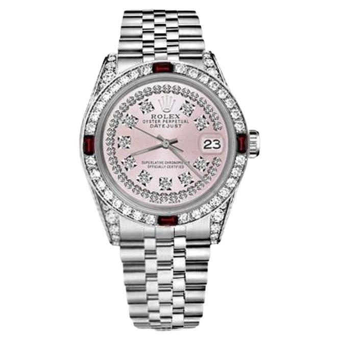 Rolex Montre Datejust 31 mm avec cadran à cordes roses personnalisé et rubis sur lunette