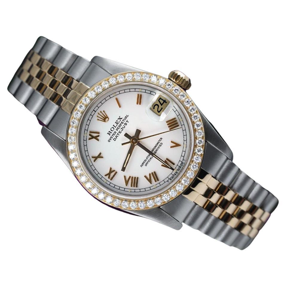 Rolex 31mm Datejust Uhr mit weißem römischem Zifferblatt und Diamant-Lünette