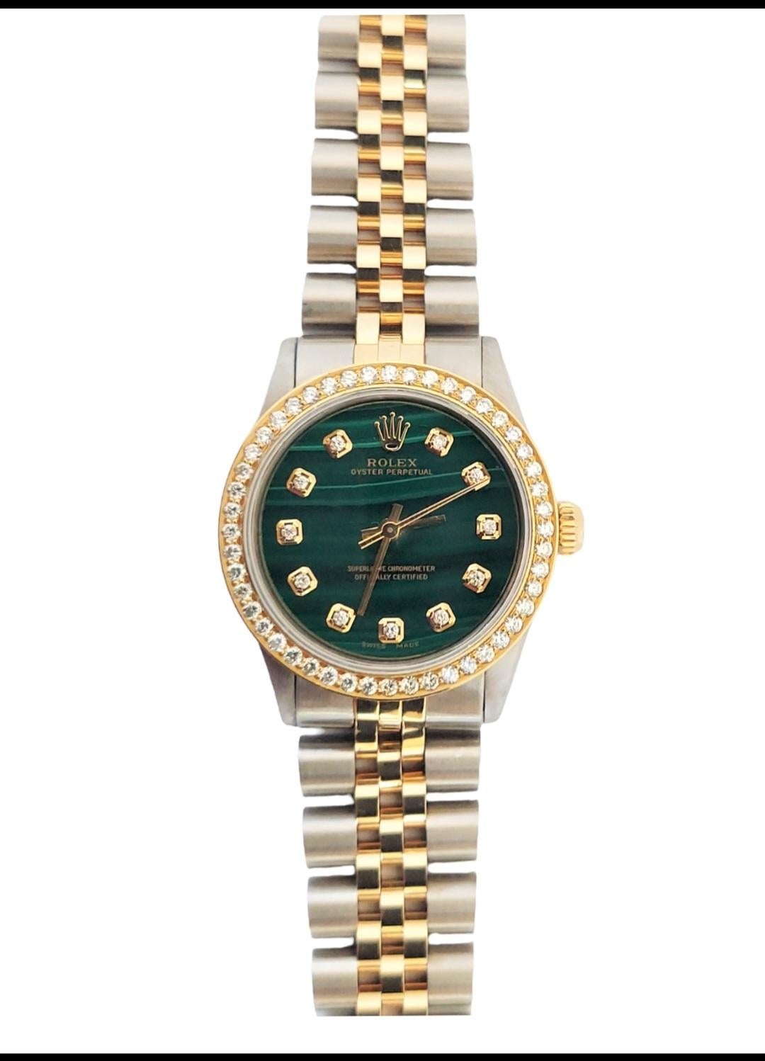 (Watch Description)
Brand - Rolex
Gender - Ladies
Model - 6551 Perpetual /No Date
Metals - Stainless steel 
Case size - 31mm
Bezel -Steel Plated Yellow Gold Diamond
Crystal - Sapphire
Movement - Automatic caliber 1161
Dial - Refinished Green