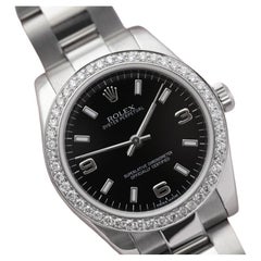 Rolex Oyster Perpetual Black Dial Custom Diamond Bezel Ladies SS Watch
