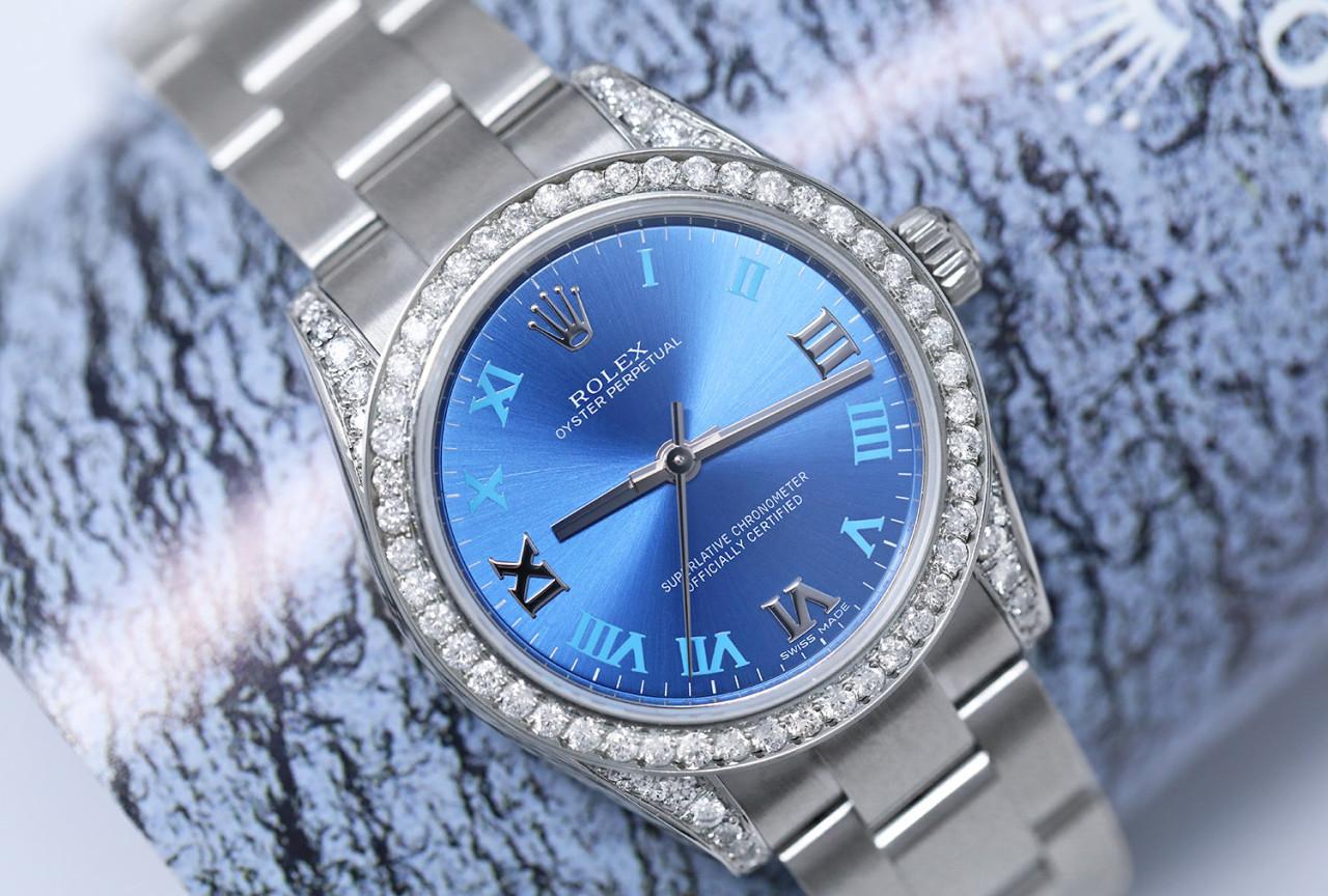 Taille ronde Rolex Montre Oyster Perpetual 31mm à cadran bleu en acier inoxydable et diamants, pour femmes 17720 en vente