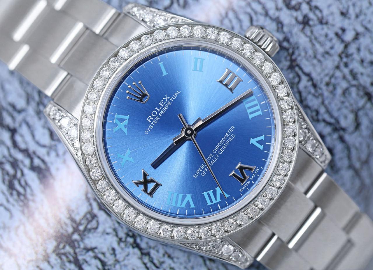Rolex Montre Oyster Perpetual 31mm à cadran bleu en acier inoxydable et diamants, pour femmes 17720 Excellent état - En vente à New York, NY