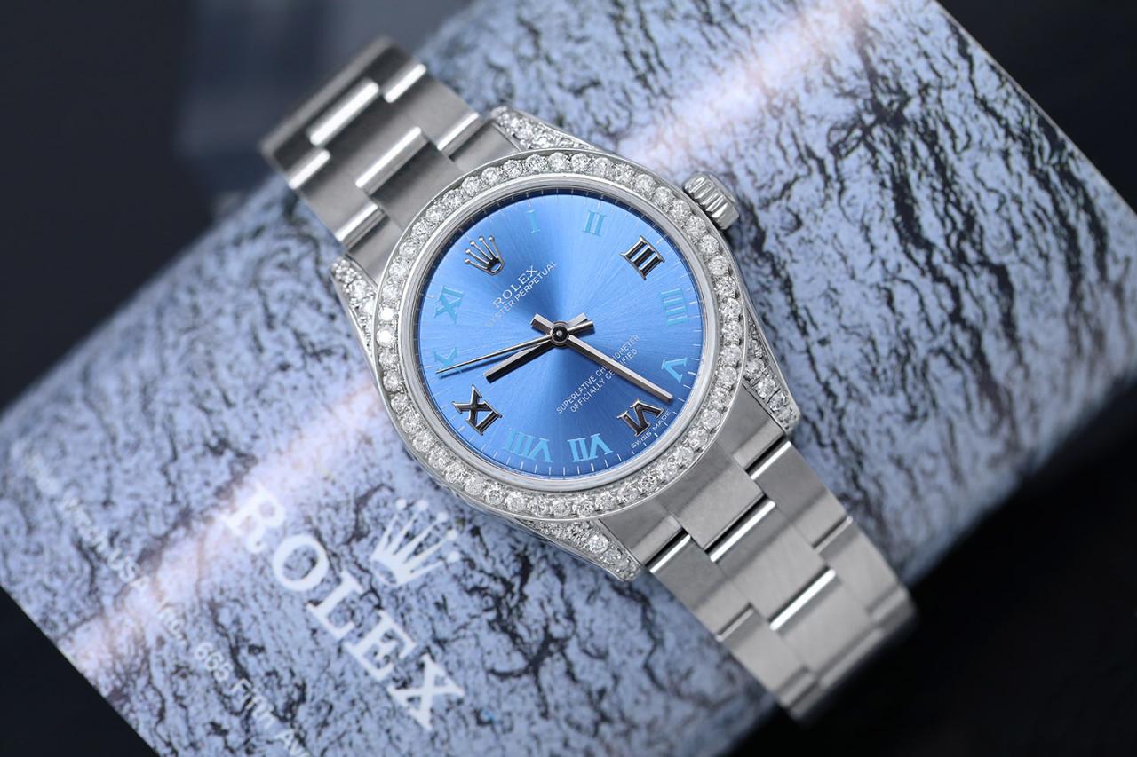 Round Cut Rolex 31mm Oyster Perpetual Blue Dial Ladies Stainless Steel Diamond Watch 17720 For Sale