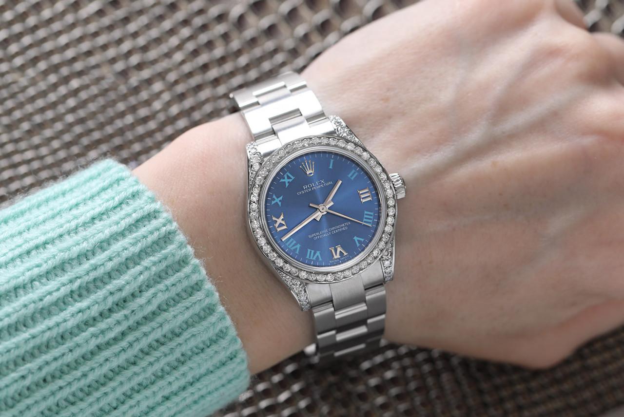 Women's Rolex 31mm Oyster Perpetual Blue Dial Ladies Stainless Steel Diamond Watch 17720 For Sale