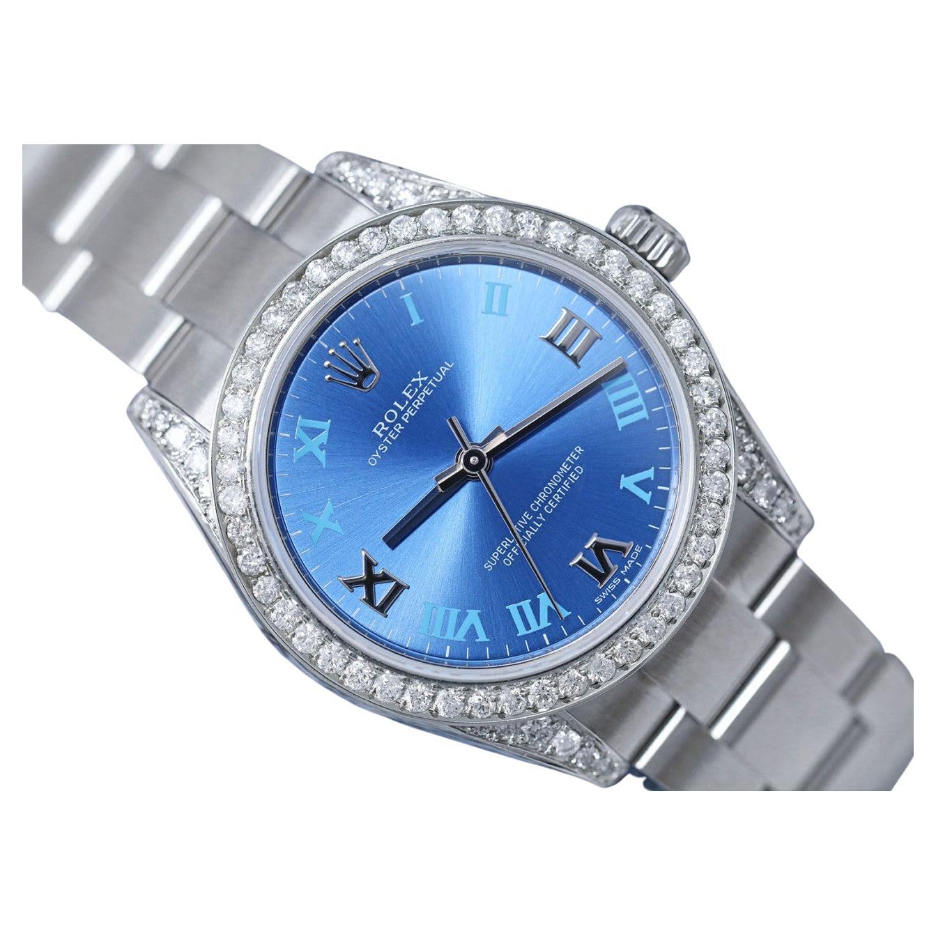 Rolex 31mm Oyster Perpetual Blue Dial Ladies Stainless Steel Diamond Watch 17720 For Sale