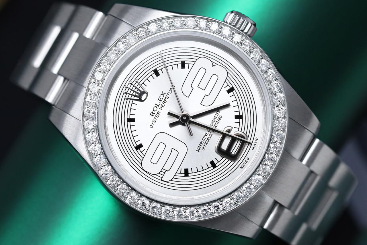 Rolex Oyster Perpetual Damenuhr aus Edelstahl mit Diamant-Lünette im Angebot 1