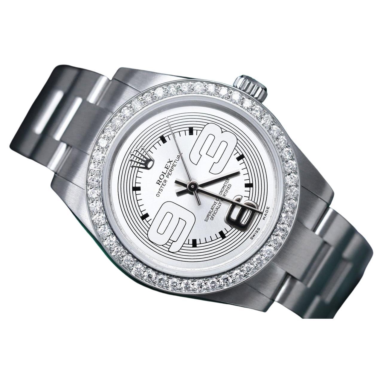 Rolex Oyster Perpetual Ladies Stainless Steel Watch with Diamond Bezel For Sale