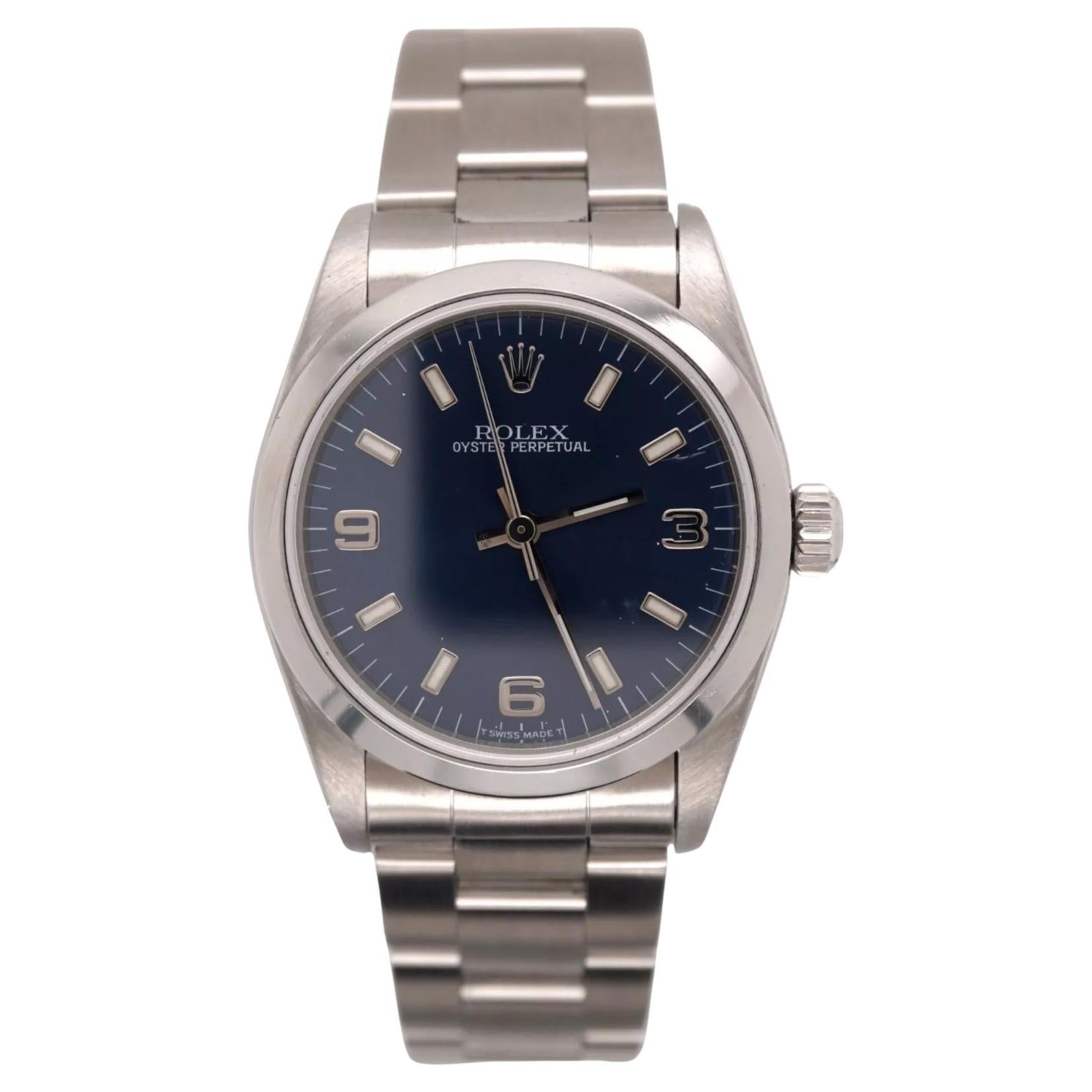 Rolex 31mm Oyster Perpetual Ladies Steel Smooth Blue Arabic Dial Watch Ref 67480 For Sale