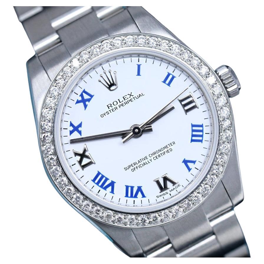Rolex Oyster Perpetual White Dial Blue Numerals Ladies SS Watch For Sale