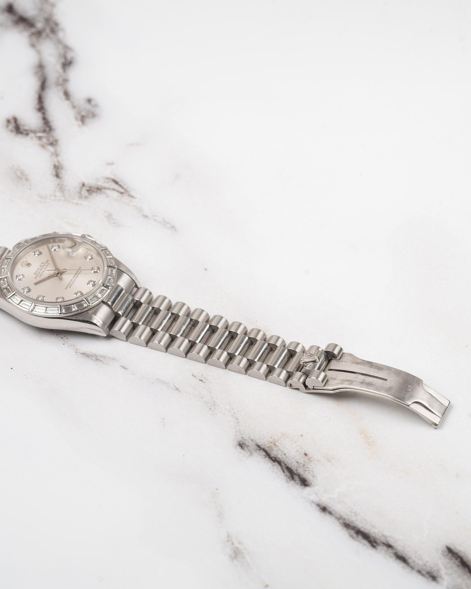 Rolex 31mm President Datejust 68266 Lunetta con Baguette di fabbrica Quadrante Bianco Platino in vendita 6